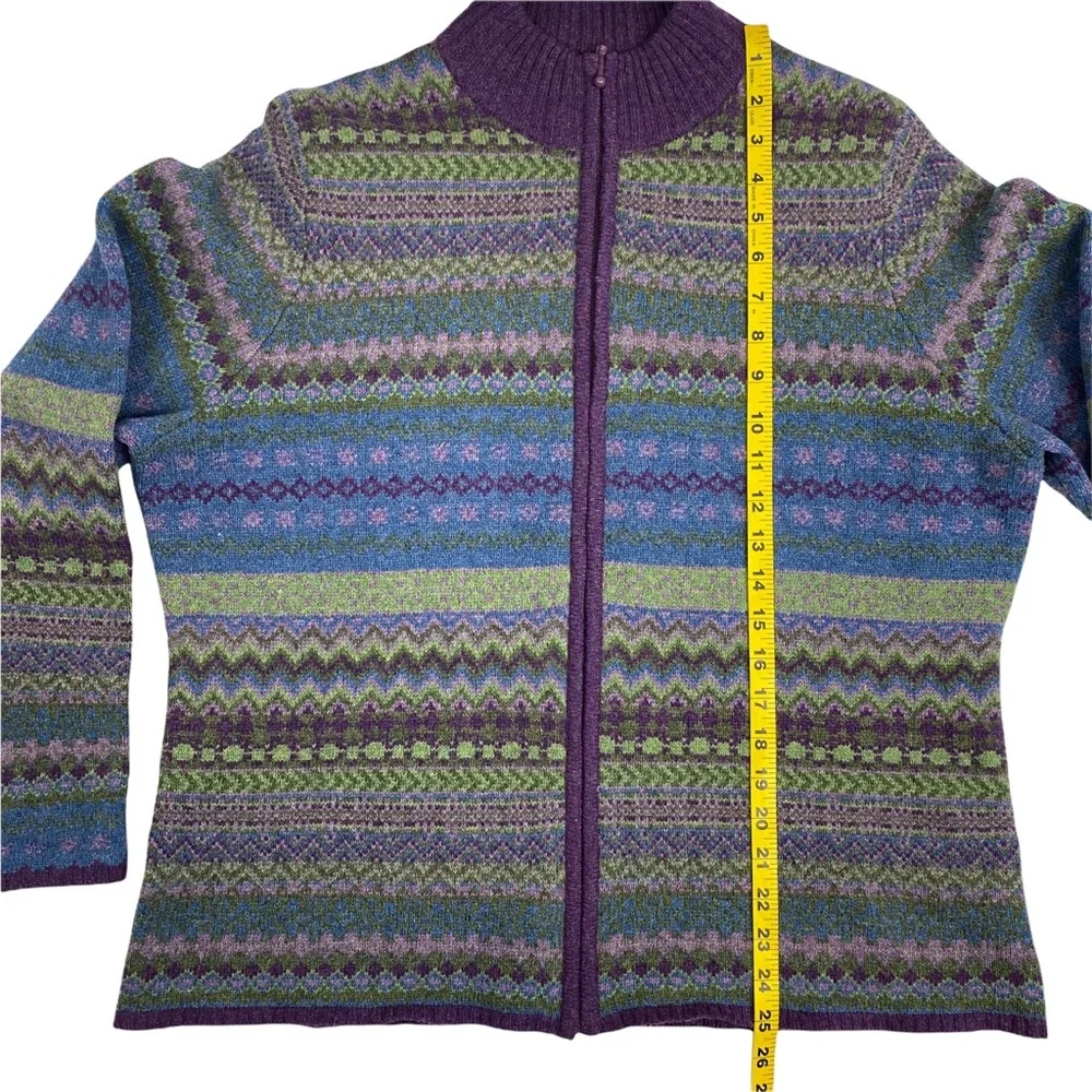 Woolrich Wool Zip Up Sweater Cardigan Womens XL Nordic Fair Isle Green Purple - Picture 8 of 9
